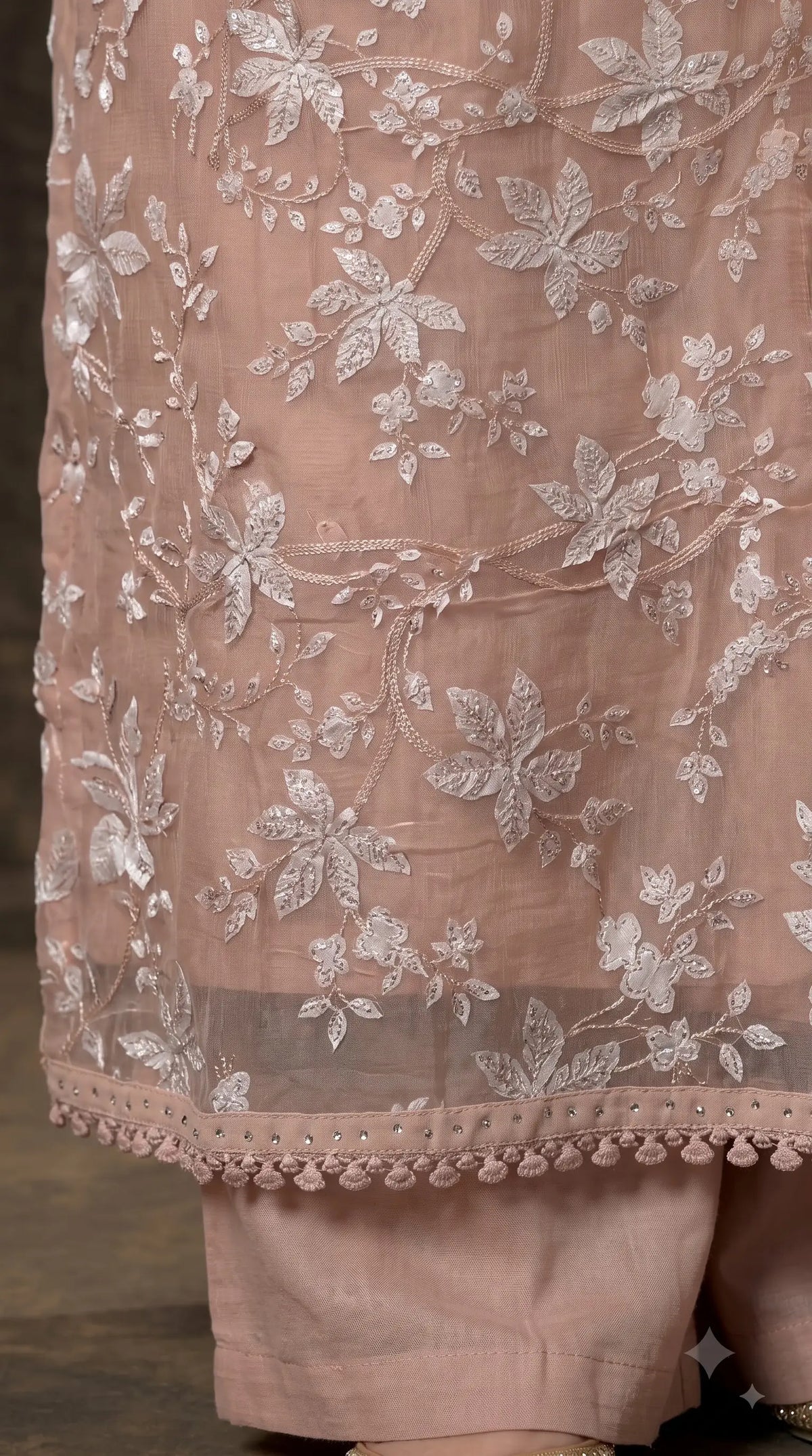 Premium Designer Blush Pink Soft Chiffon Suit with Elegant Applique Floral Work & Graceful Dupatta