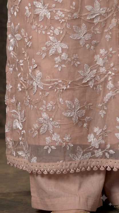Premium Designer Blush Pink Soft Chiffon Suit with Elegant Applique Floral Work & Graceful Dupatta