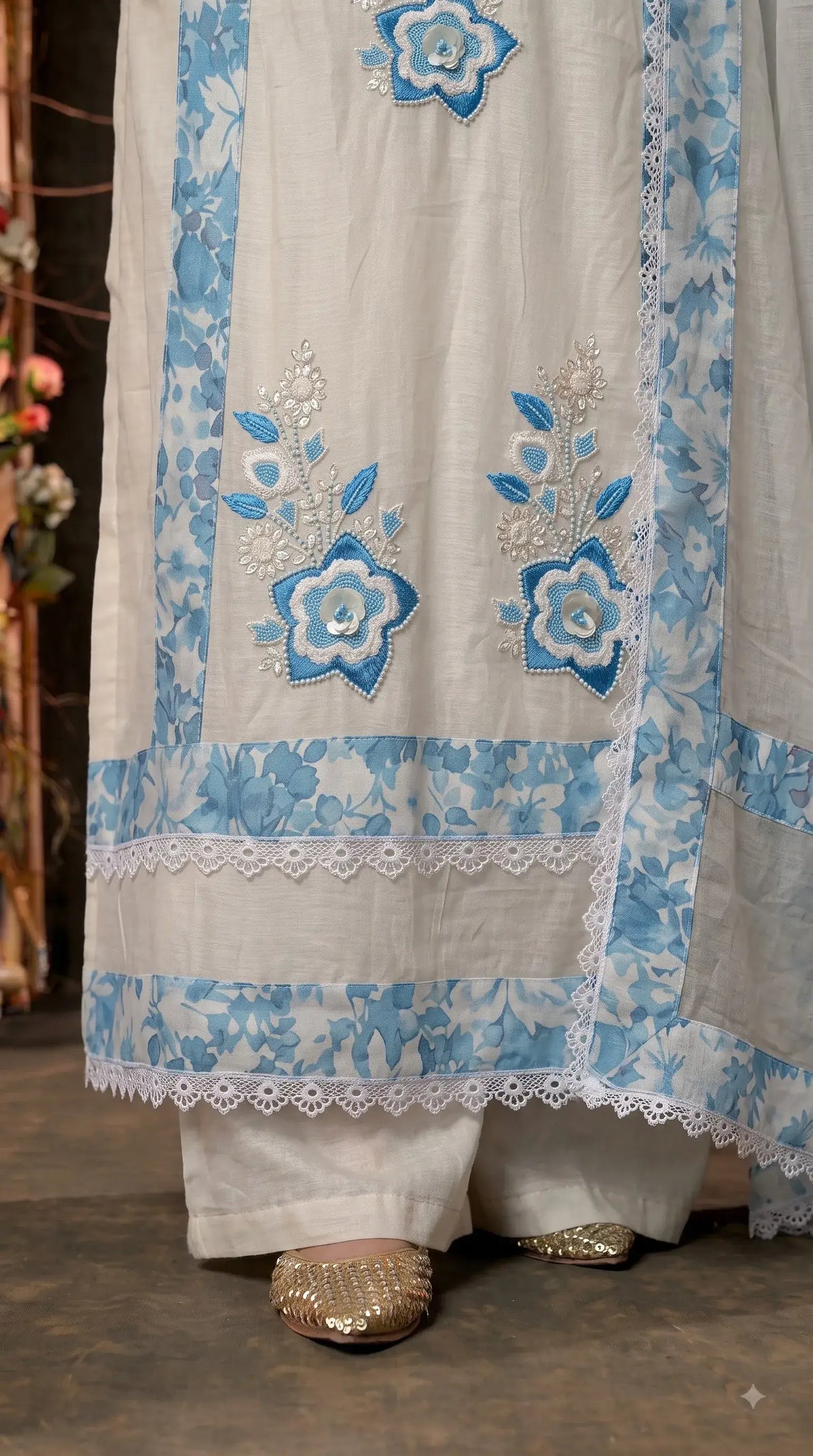 Premium Designer Off-White Mull Cotton Suit with Blue Floral Embroidery, Pearl & Sequin Work