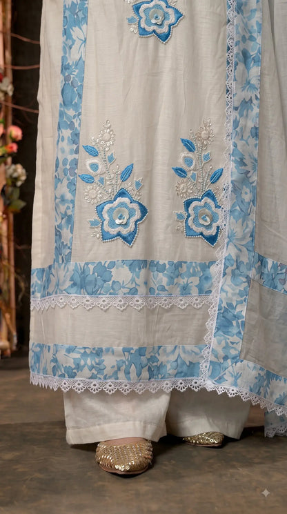 Premium Designer Off-White Mull Cotton Suit with Blue Floral Embroidery, Pearl & Sequin Work