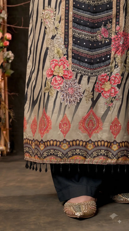 Premium Designer Beige Black Silk Suit with Floral Print, Pearl Work & Elegant Dupatta