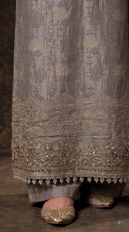 Pakistani Designer Silver Grey Banarsi Suit with Mirror & Pearl Work