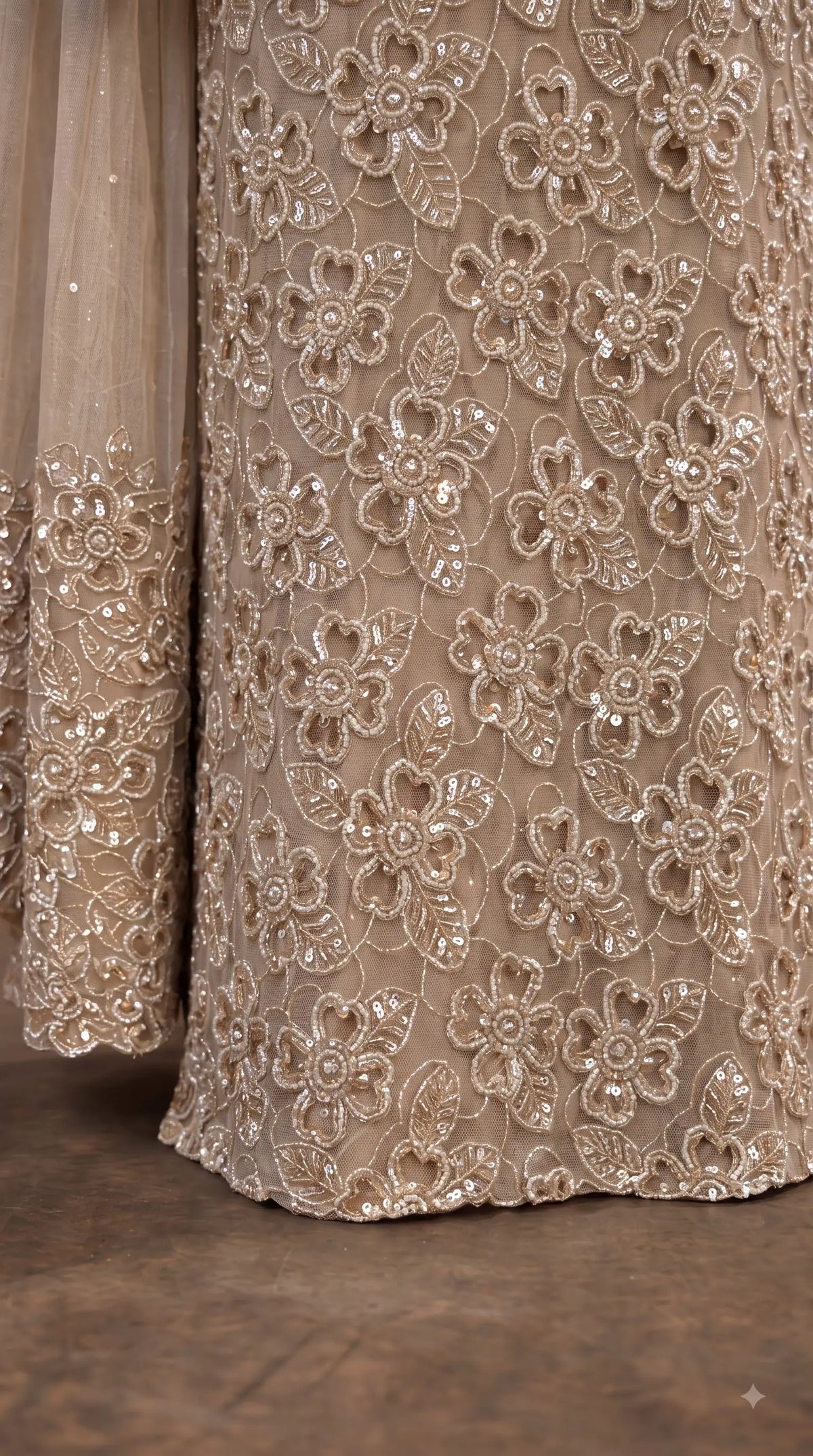 Premium Champagne Organza Ethnic-Western Pakistani Designer Suit with Floral Embroidery, Pearl, Cutdana & Sequin Handwork