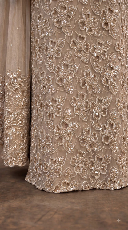 Premium Champagne Organza Ethnic-Western Pakistani Designer Suit with Floral Embroidery, Pearl, Cutdana & Sequin Handwork
