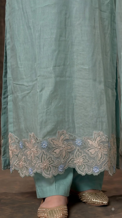 Pakistani Designer Soft Sage Green Pure Cotton Suit with Floral Embroidery, Lace & Pearl Detailing