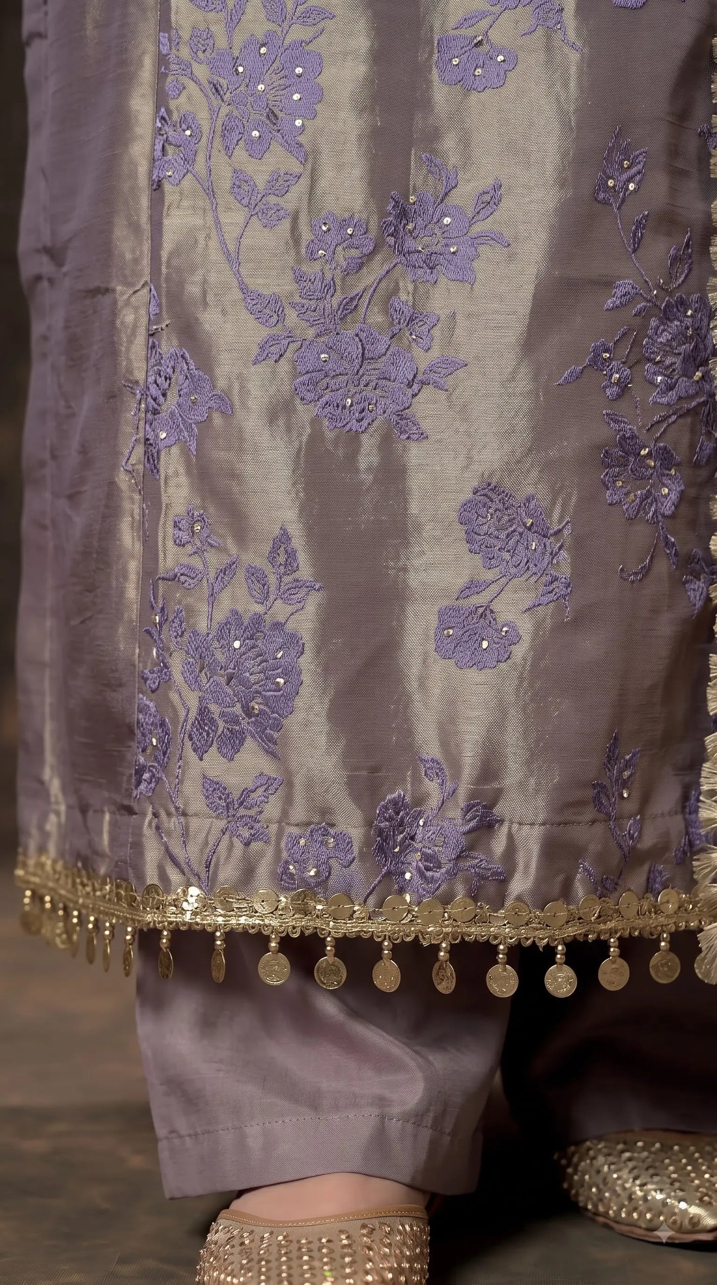 Premium Designer Smoky Mauve Kunbi Textured Suit with Pearl & Floral Embellishment