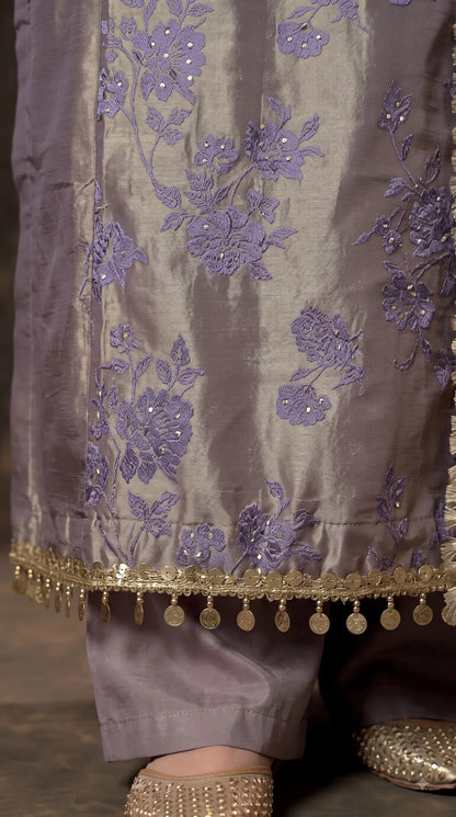 Premium Designer Smoky Mauve Kunbi Textured Suit with Pearl & Floral Embellishment