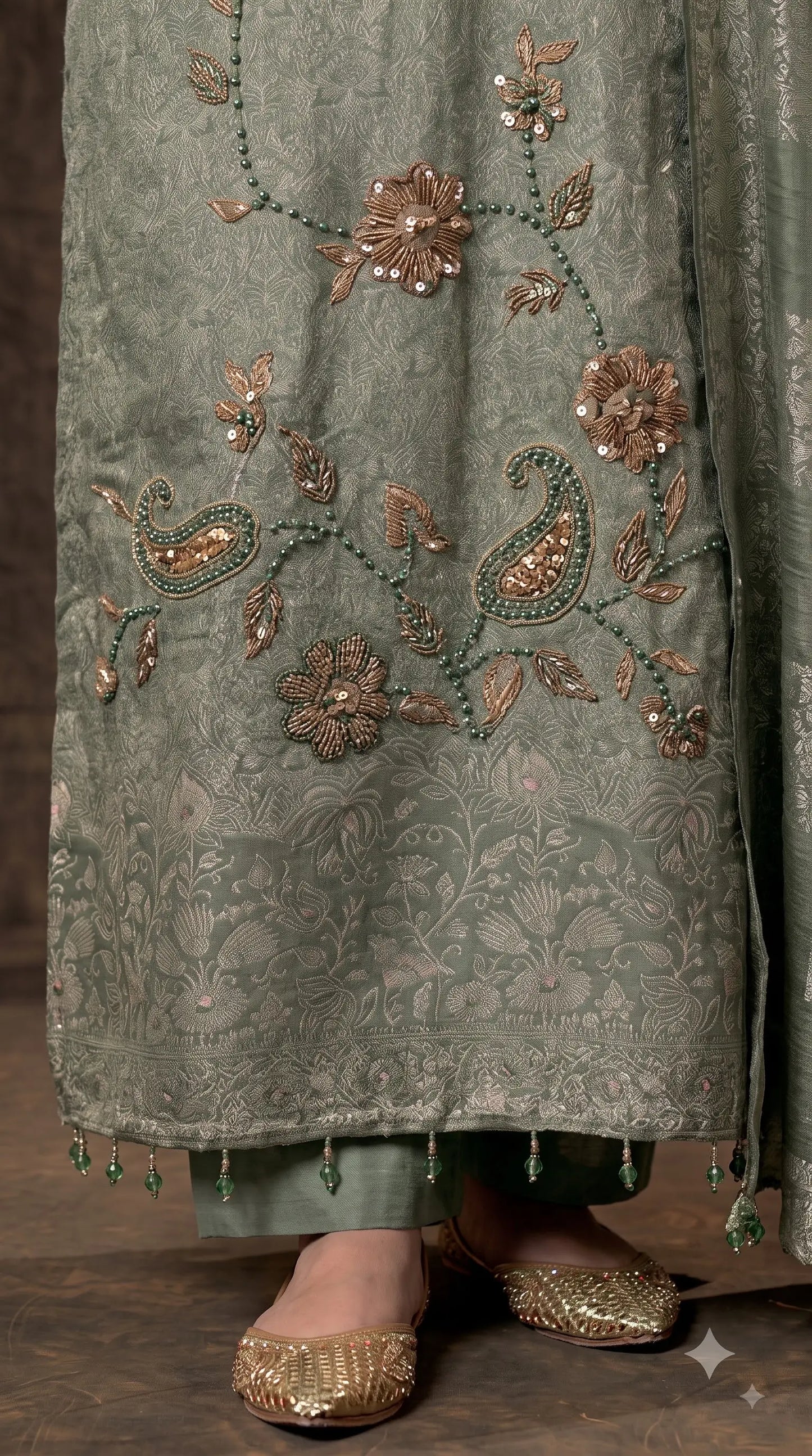 Premium Designer Sage Green Banarsi Suit with Floral Paisley Bead & Sequin Work