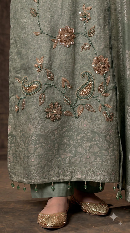 Premium Designer Sage Green Banarsi Suit with Floral Paisley Bead & Sequin Work