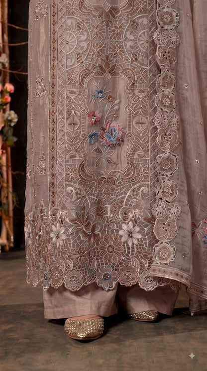 Premium Designer Dusty Rose Taupe Shimmer Silk Suit with Cutwork Floral Embroidery