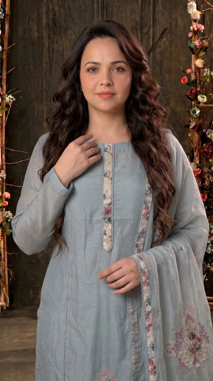 Pakistani Designer Soft Cotton Blue Suit With Floral Embroidery & Pearl Work