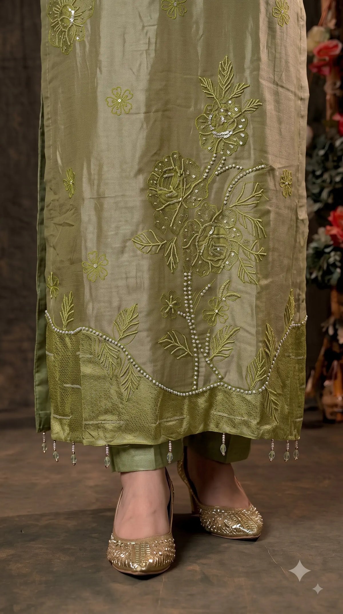 Premium Designer Olive Green Tulfi Fabric Suit with Pearl Work & Embroidery