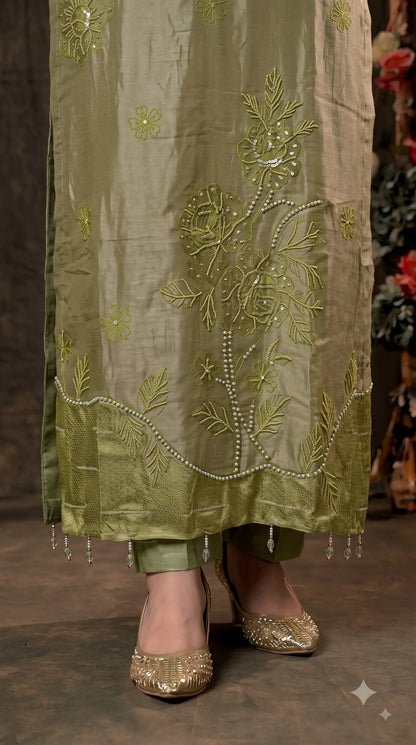 Premium Designer Olive Green Tulfi Fabric Suit with Pearl Work & Embroidery