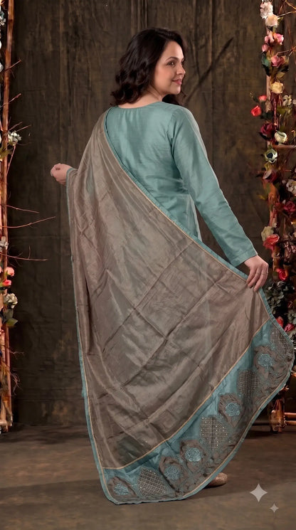 Pakistani Designer Sea Green Tissue Suit with Embroidery, Pearl & Sequin Work