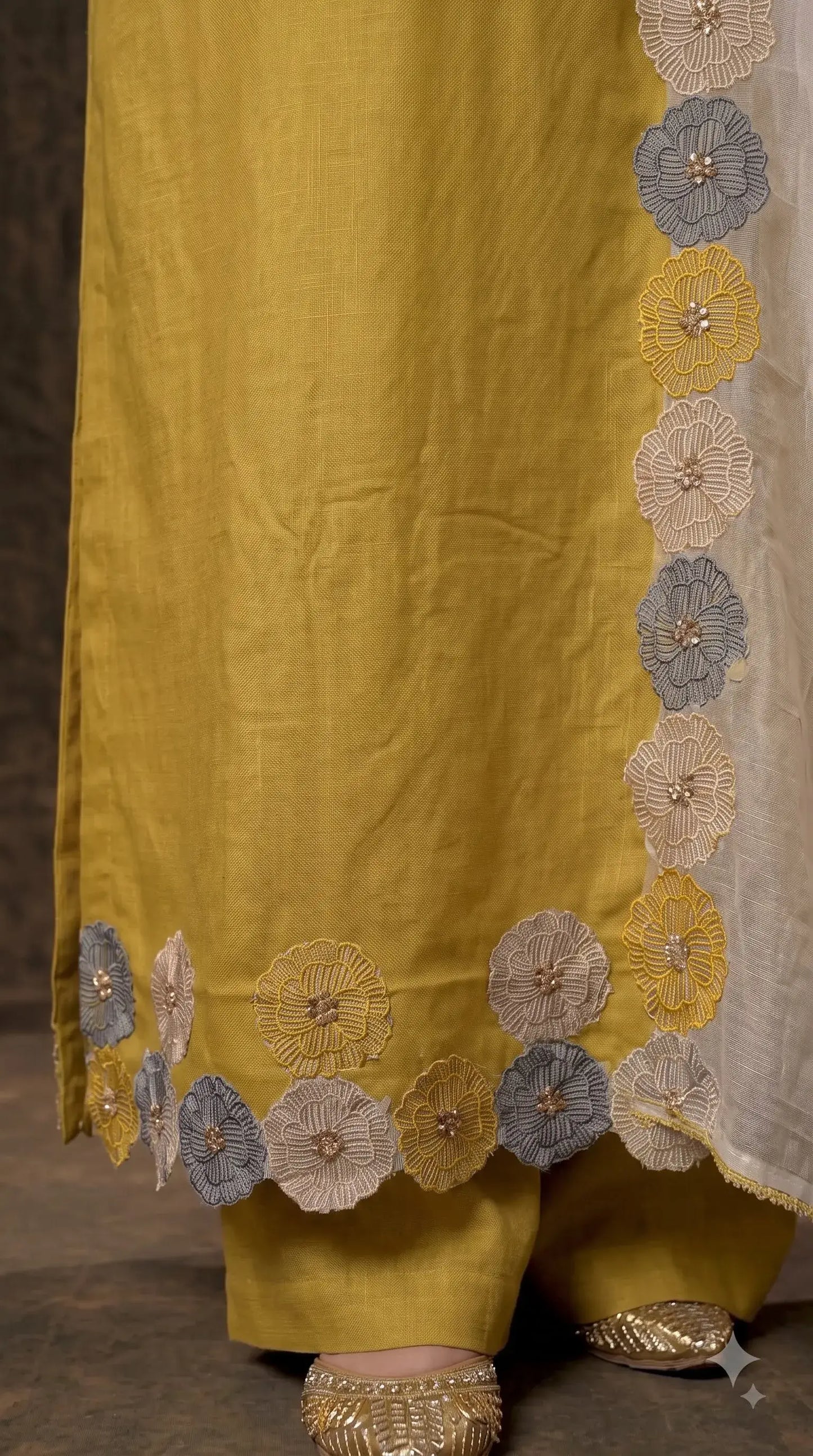 Premium Designer Mustard Yellow Soft Cotton Suit with Floral Bead & Sequin Work