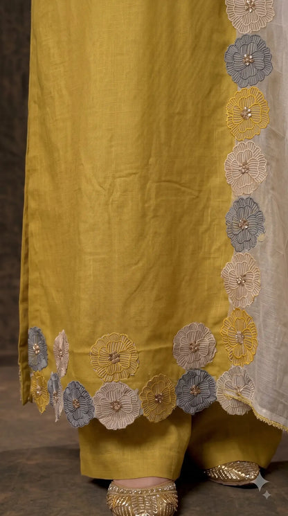 Premium Designer Mustard Yellow Soft Cotton Suit with Floral Bead & Sequin Work