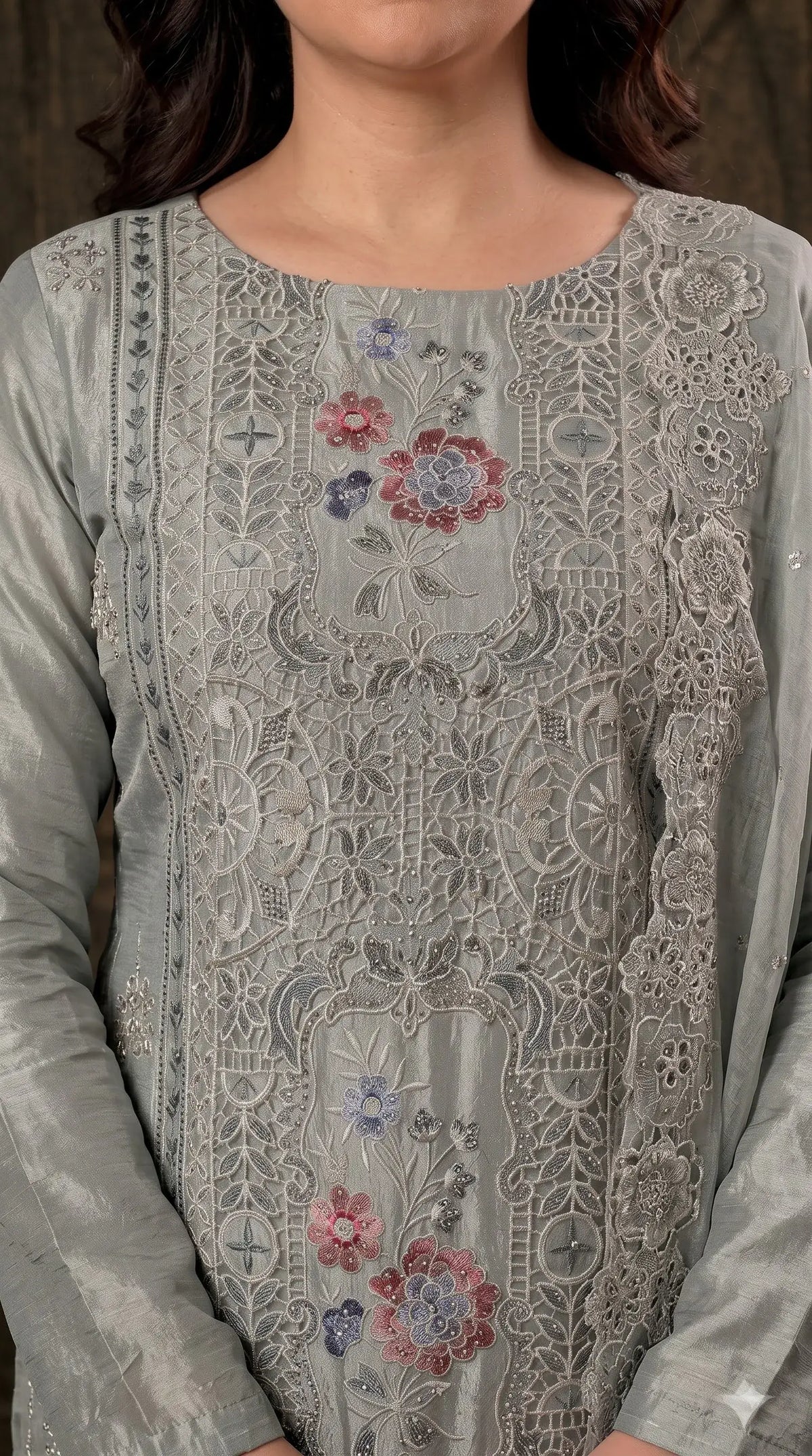 Premium Designer Sage Green Shimmer Silk Suit with Cutwork & Floral Embroidery