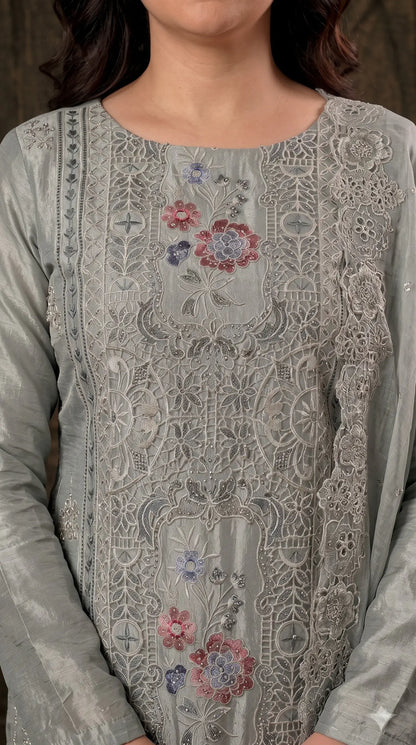 Premium Designer Sage Green Shimmer Silk Suit with Cutwork & Floral Embroidery