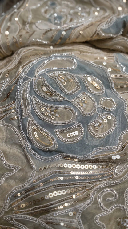 Premium Designer Ivory & Blue Organza Ethnic-Western Suit with Pearl, Bead & Sequin Work