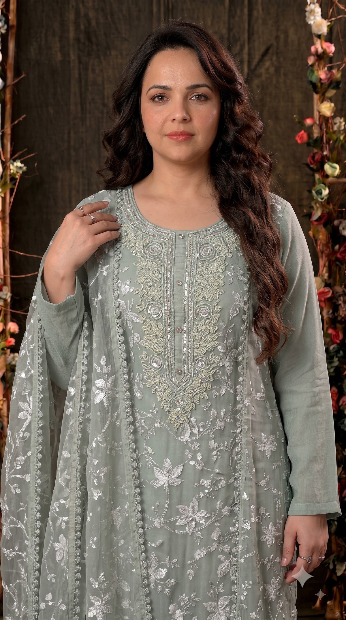 Premium Designer Soft Sage Green Soft Chiffon Suit with Elegant Applique Floral Work & Graceful