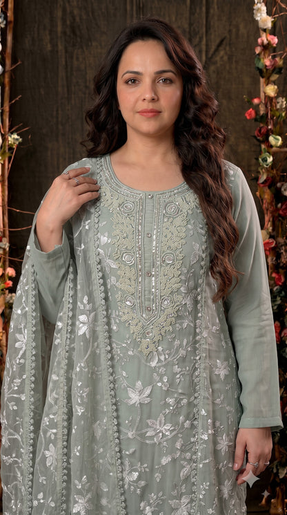 Premium Designer Soft Sage Green Soft Chiffon Suit with Elegant Applique Floral Work & Graceful