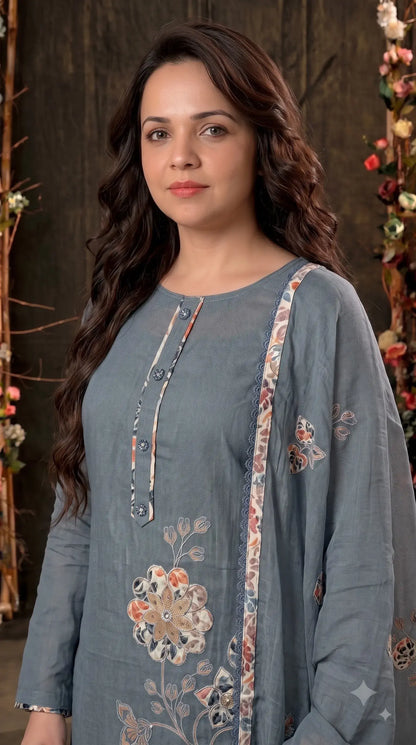 Premium Slate Blue Soft Cotton Suit with Floral Appliqué, Thread & Pearl Work