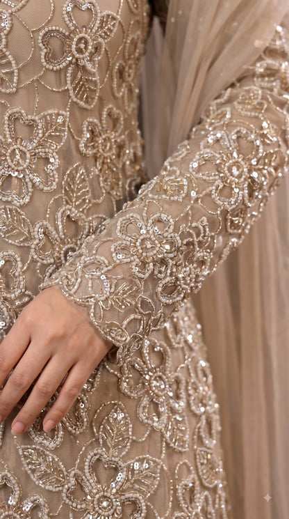 Premium Champagne Organza Ethnic-Western Pakistani Designer Suit with Floral Embroidery, Pearl, Cutdana & Sequin Handwork