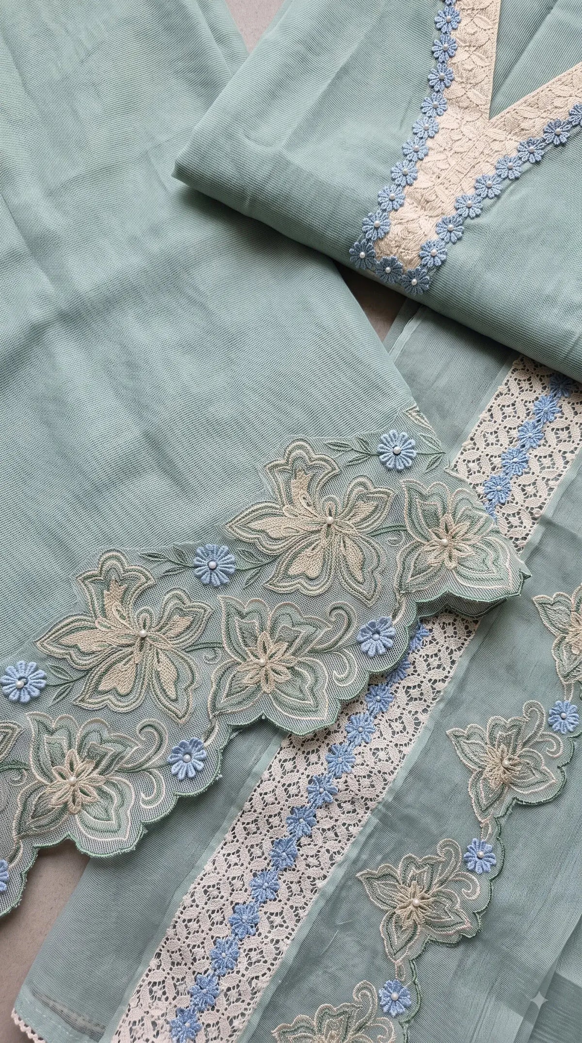 Pakistani Designer Soft Sage Green Pure Cotton Suit with Floral Embroidery, Lace & Pearl Detailing