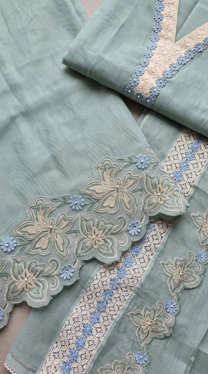 Pakistani Designer Soft Sage Green Pure Cotton Suit with Floral Embroidery, Lace & Pearl Detailing