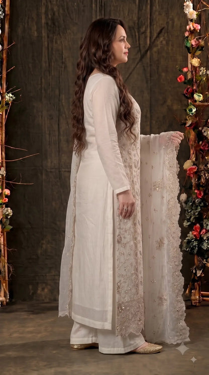 Premium Designer White Marble Chiffon Suit with Intricate Cutwork, Crystal & Floral Embroidery