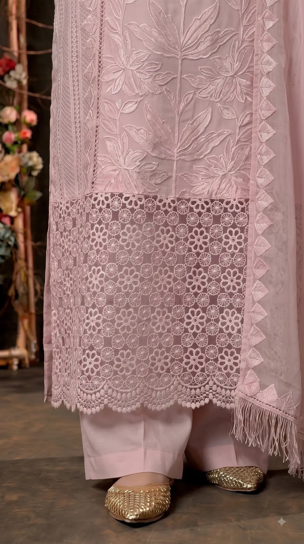 Premium Designer Soft Pink Soft Organza Suit with Appliqué Work