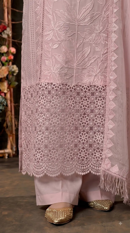 Premium Designer Soft Pink Soft Organza Suit with Appliqué Work