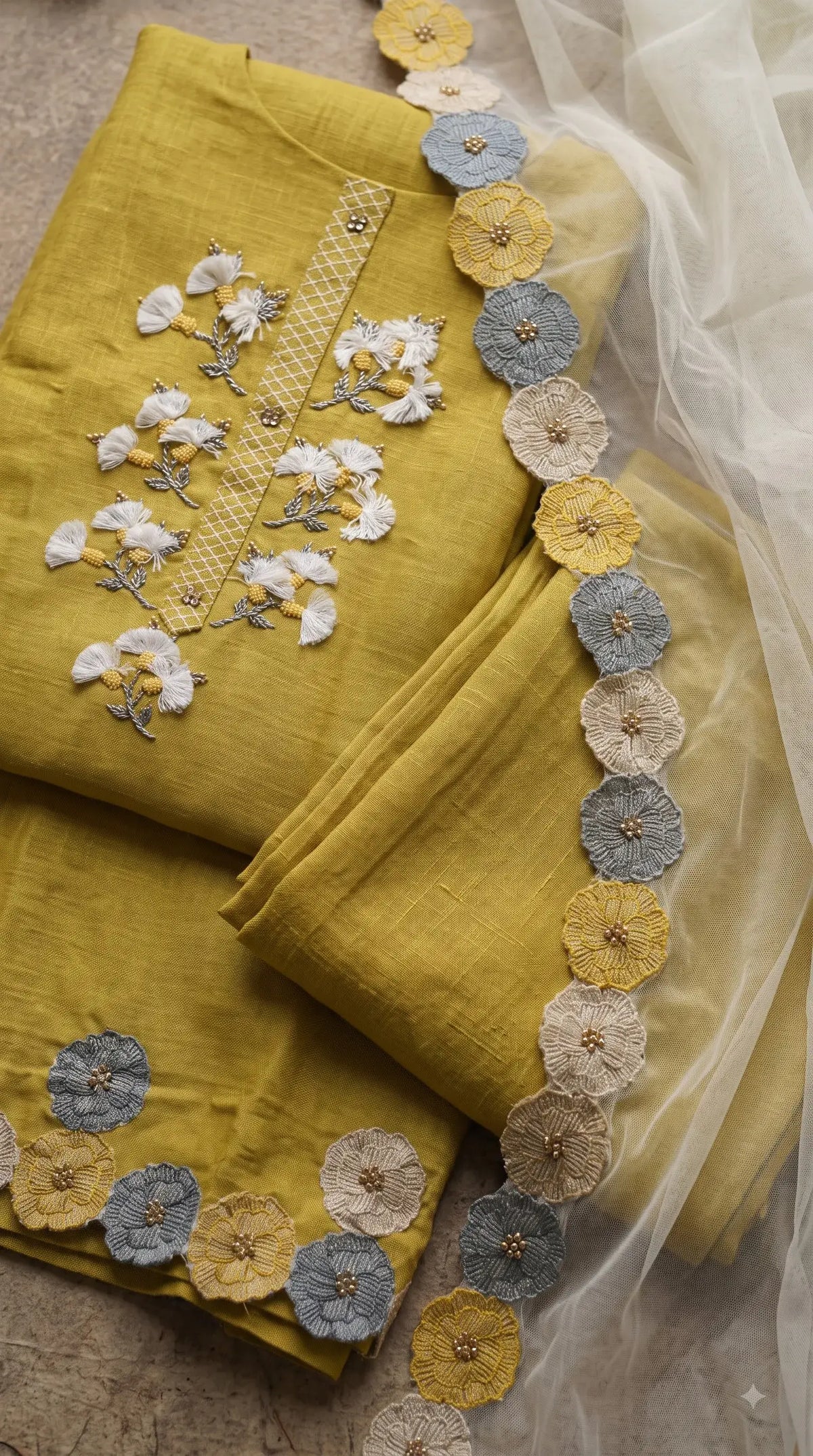 Pakistani Designer Mustard Yellow Pure Handloom Cotton Suit with 3D Floral Handwork, Thread & Pearl Detailing