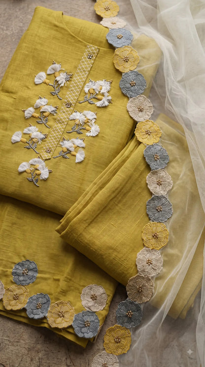 Pakistani Designer Mustard Yellow Pure Handloom Cotton Suit with 3D Floral Handwork, Thread & Pearl Detailing