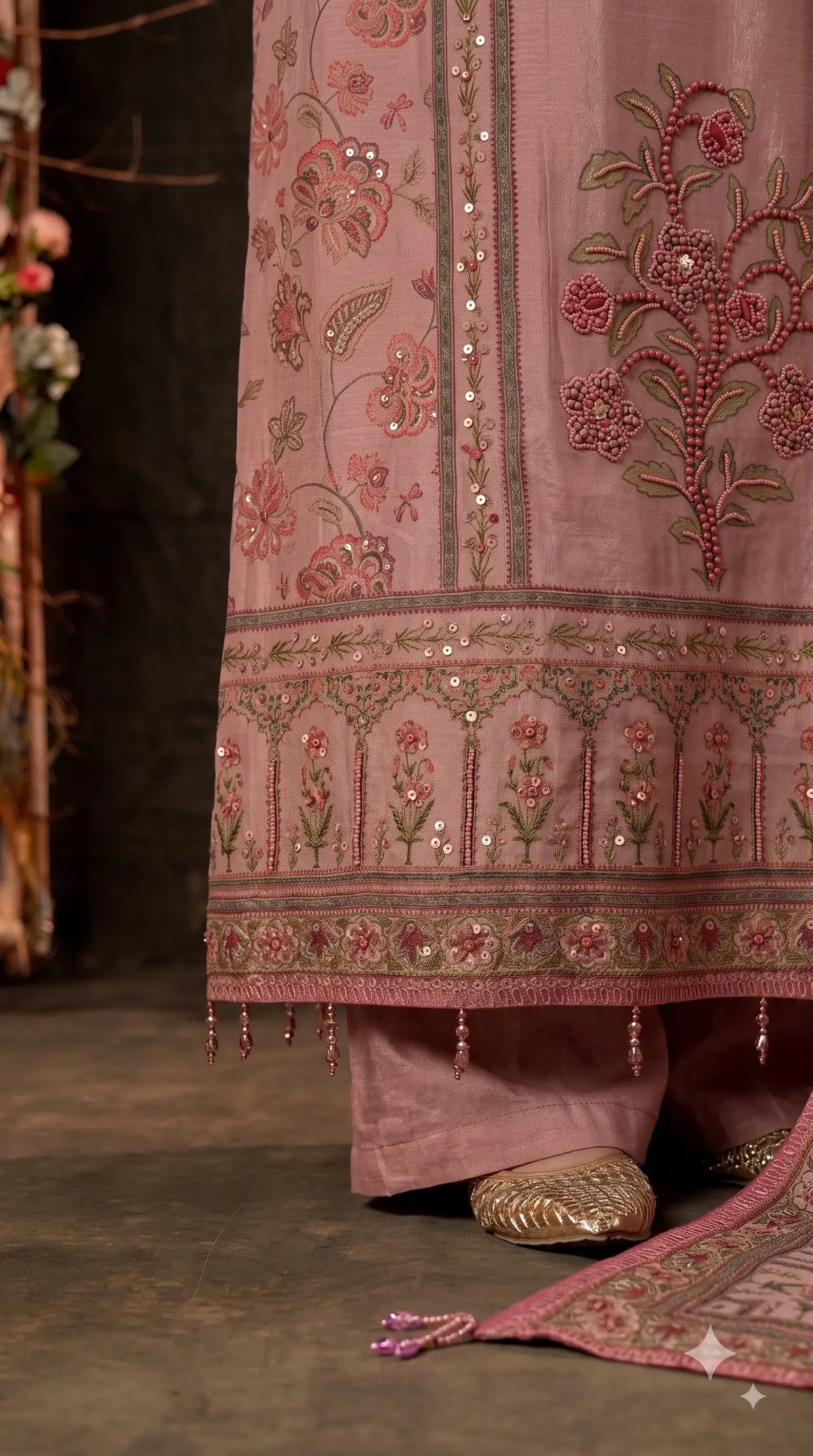 Pakistani Designer Pink Very Soft Tissue Suit with Pink Floral Pearl, Bead & Sequin Work