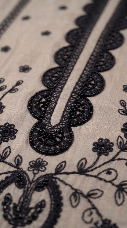 Premium Designer Ivory Tissue Suit with Black Hand Embroidery & Pearl Work