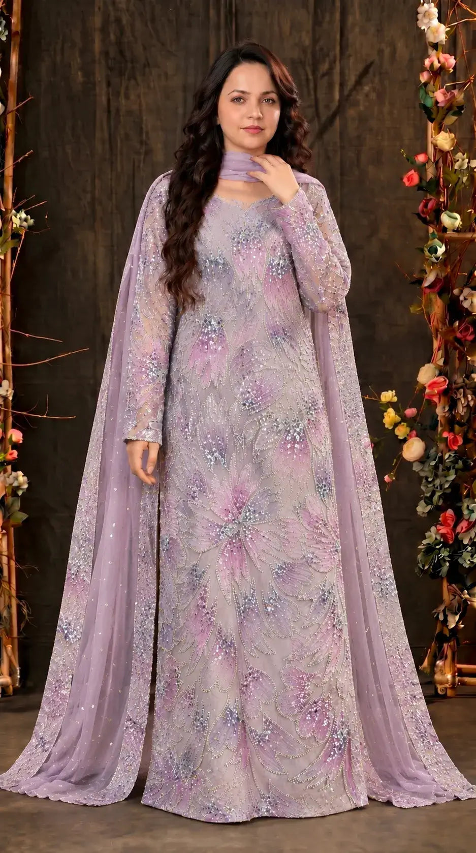 Premium Lavender Organza Pakistani Designer Suit with Cutdana, Pearl, Sequin & Ribbon Handwork