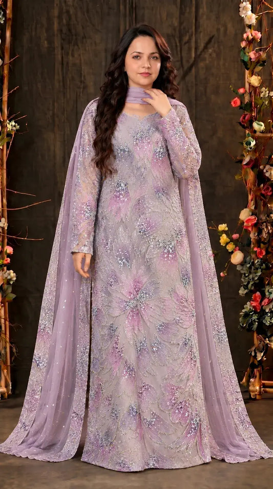 Premium Lavender Organza Pakistani Designer Suit with Cutdana, Pearl, Sequin & Ribbon Handwork