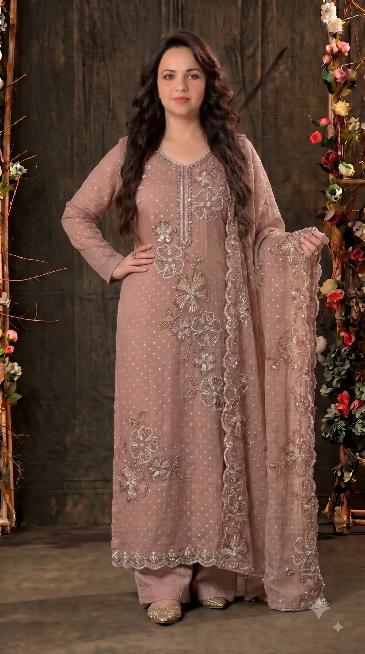 Premium Designer Blush Taupe Soft Tissue Suit with Pearl Floral Work