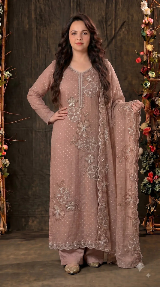 Premium Designer Blush Taupe Soft Tissue Suit with Pearl Floral Work