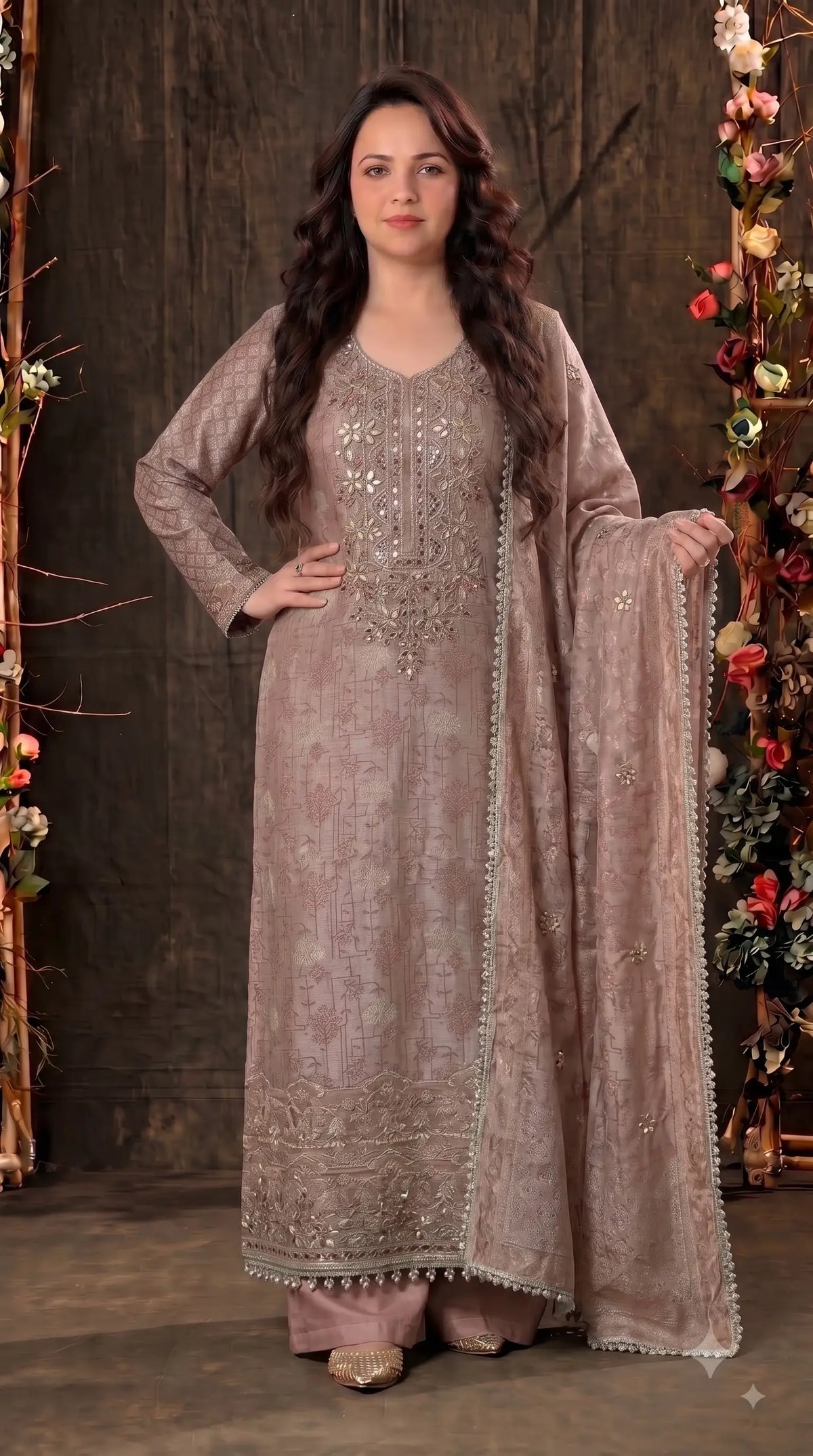 Premium Designer Dusty Rose Taupe Banarsi Suit with Mirror & Pearl Work