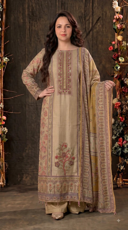 Premium Designer Beige-Gold Very Soft Tissue Suit with Pink Floral Pearl, Bead & Sequin Work