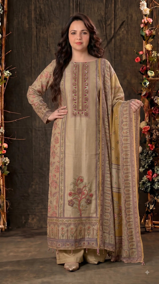 Premium Designer Beige-Gold Very Soft Tissue Suit with Pink Floral Pearl, Bead & Sequin Work