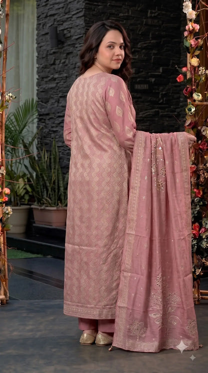 Pakistani Soft Pink Banarsi Pakistani Designer Suit with Floral Embroidery, Pearl, Bead & Mirror Work