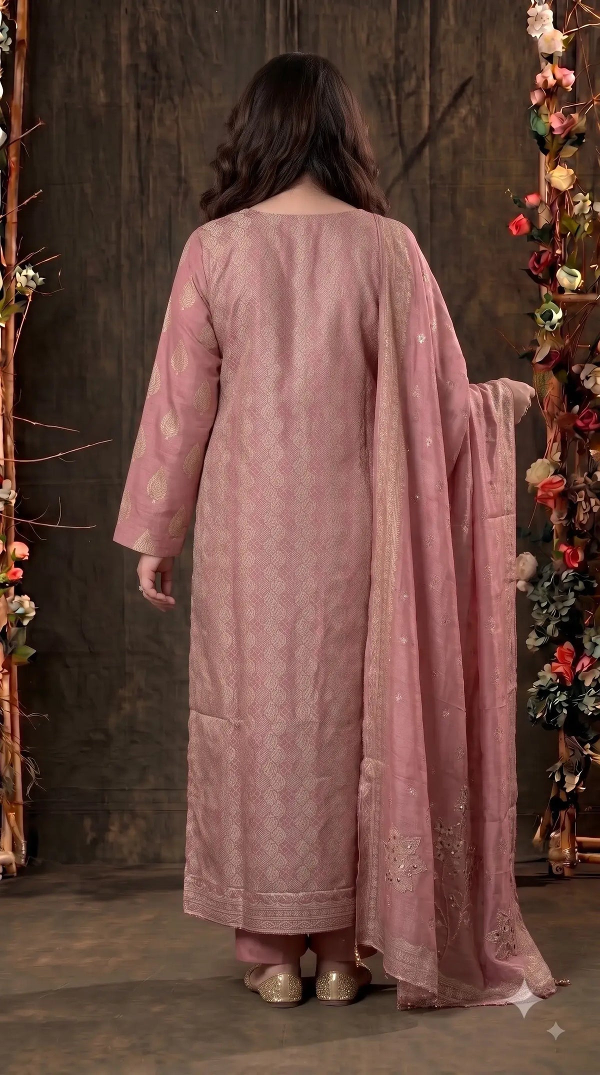 Pakistani Soft Pink Banarsi Pakistani Designer Suit with Floral Embroidery, Pearl, Bead & Mirror Work