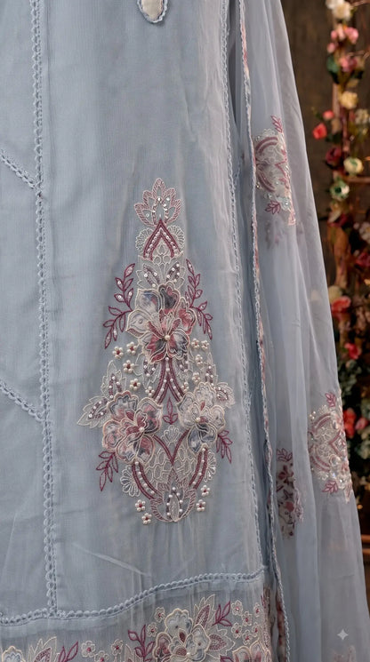 Premium Cotton Designer Sky Blue Floral Embroidered Suit with Pearl Handwork