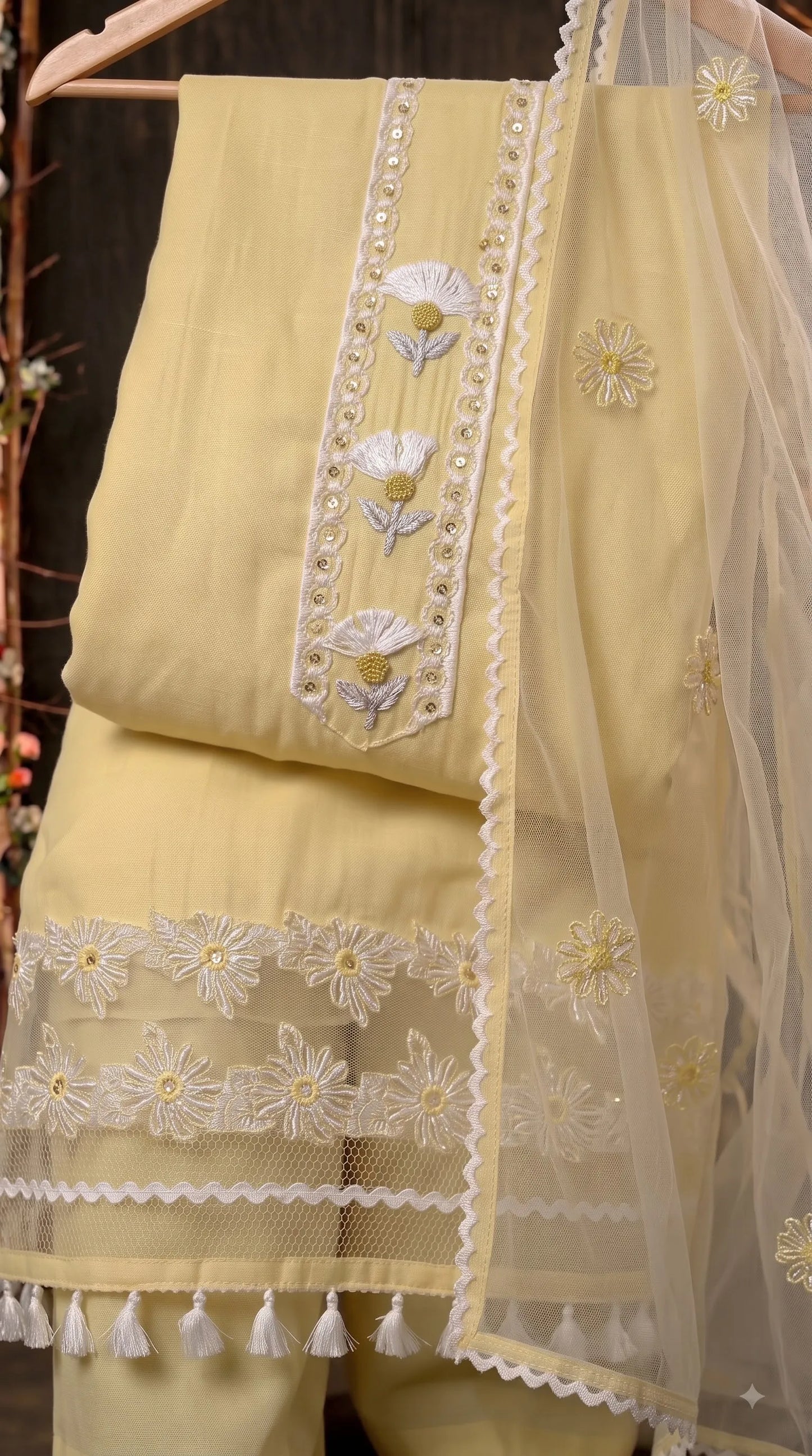 Premium Designer Soft Yellow Super Soft Cotton Suit with Elegant Floral Detailing