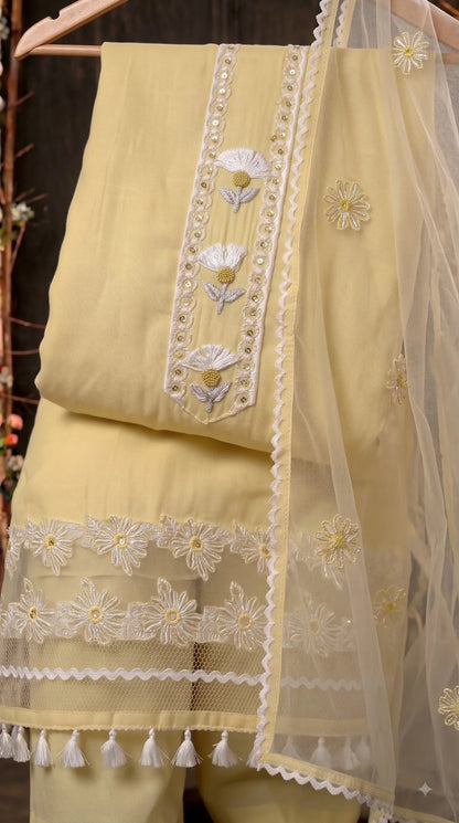 Premium Designer Soft Yellow Super Soft Cotton Suit with Elegant Floral Detailing