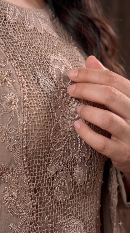 Premium Designer Mocha Gold Crush Suit with Pearl & Cutwork Detailing