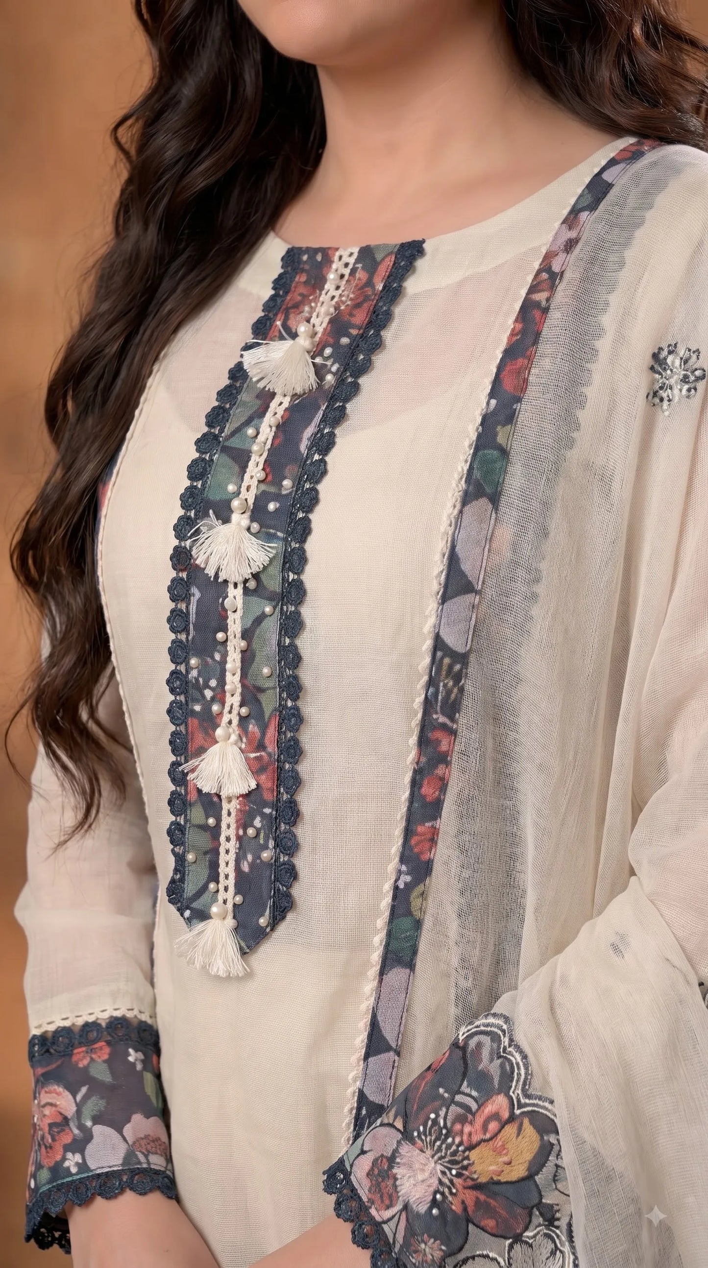 Premium Designer Off-White Soft Cotton Suit with Floral Detailing & Pearl Accents